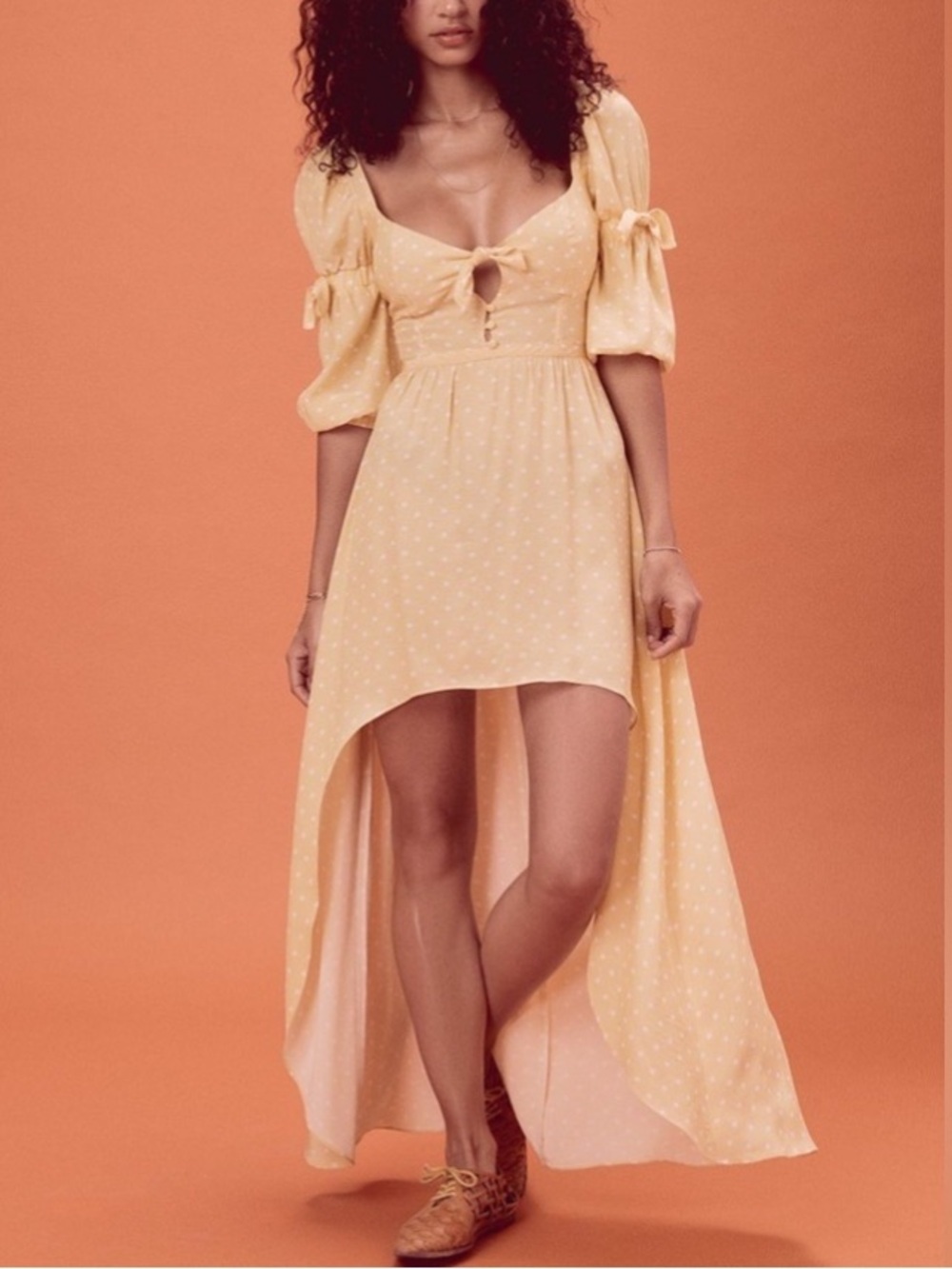 For Love & Lemons Limoncello polka dot high low dress yellow Sz XS